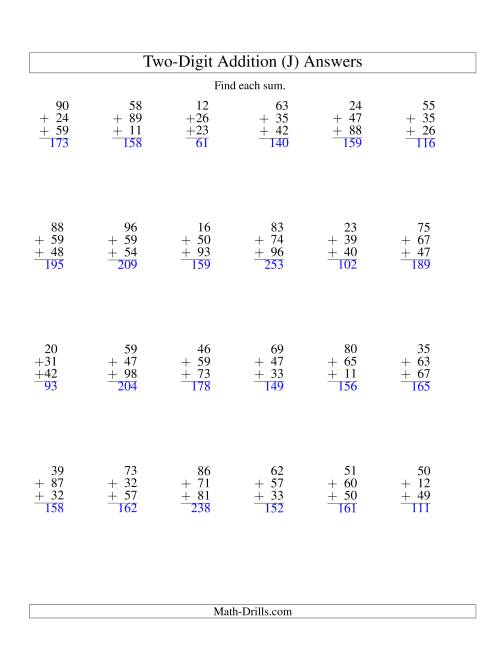 The Column Addition -- Three Two-Digit Numbers (J) Math Worksheet Page 2