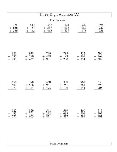 The Column Addition -- Three Three-Digit Numbers (A) Math Worksheet