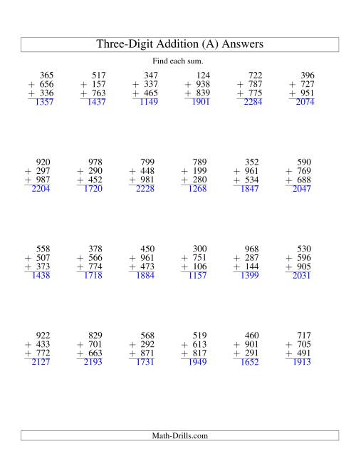 The Column Addition -- Three Three-Digit Numbers (A) Math Worksheet Page 2