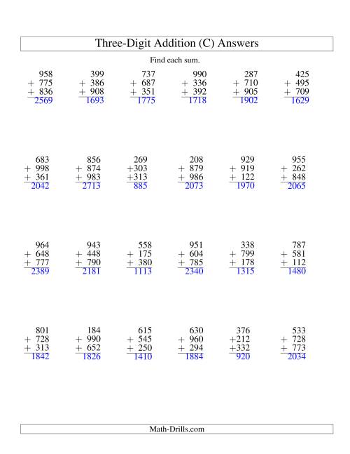 The Column Addition -- Three Three-Digit Numbers (C) Math Worksheet Page 2