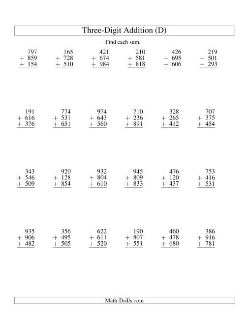 The Column Addition -- Three Three-Digit Numbers (D) Math Worksheet