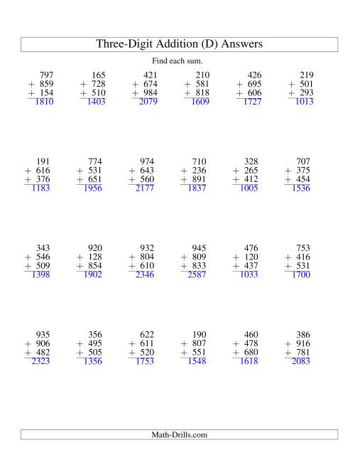 The Column Addition -- Three Three-Digit Numbers (D) Math Worksheet Page 2