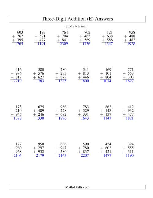 The Column Addition -- Three Three-Digit Numbers (E) Math Worksheet Page 2