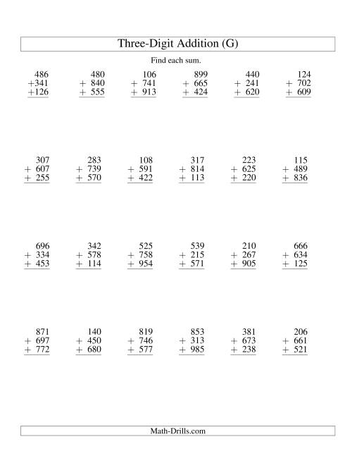 The Column Addition -- Three Three-Digit Numbers (G) Math Worksheet