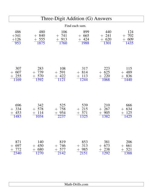 The Column Addition -- Three Three-Digit Numbers (G) Math Worksheet Page 2