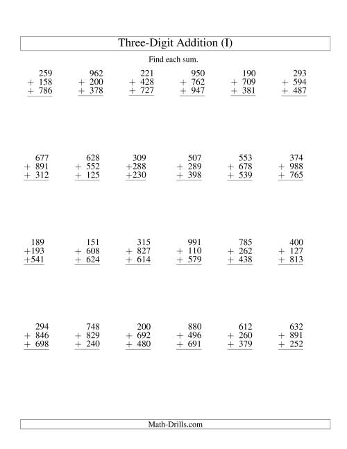 The Column Addition -- Three Three-Digit Numbers (I) Math Worksheet