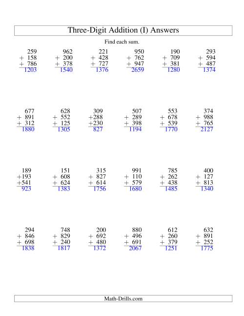 The Column Addition -- Three Three-Digit Numbers (I) Math Worksheet Page 2