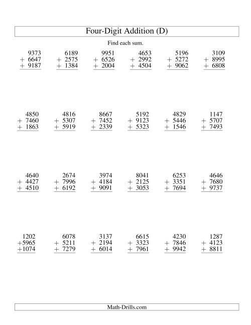 The Column Addition -- Three Four-Digit Numbers (D) Math Worksheet