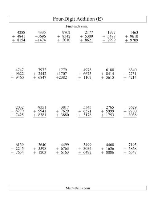 The Column Addition -- Three Four-Digit Numbers (E) Math Worksheet