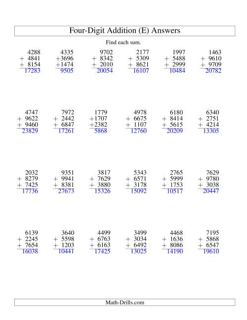 The Column Addition -- Three Four-Digit Numbers (E) Math Worksheet Page 2