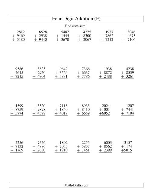 The Column Addition -- Three Four-Digit Numbers (F) Math Worksheet