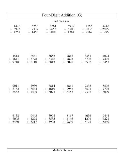 The Column Addition -- Three Four-Digit Numbers (G) Math Worksheet