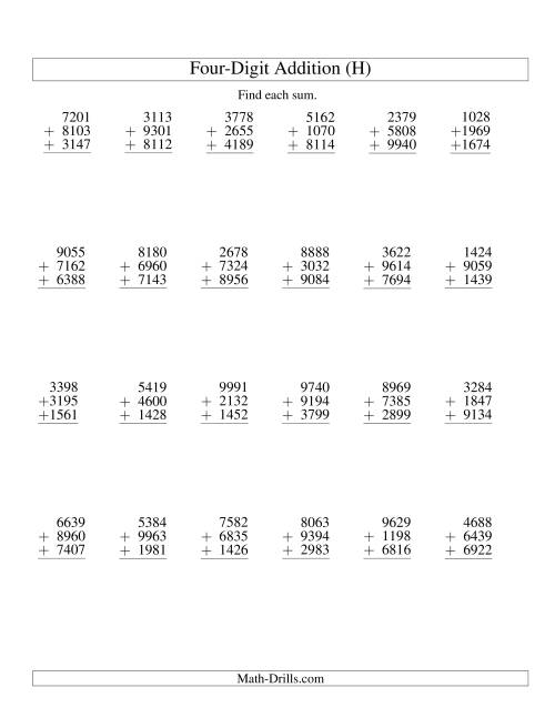 The Column Addition -- Three Four-Digit Numbers (H) Math Worksheet