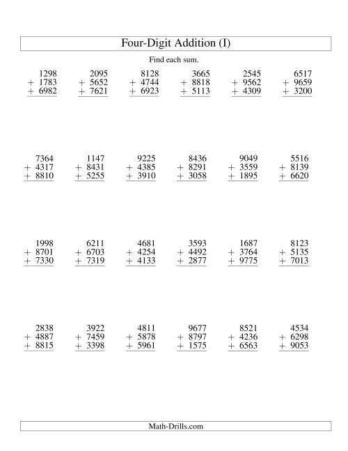 The Column Addition -- Three Four-Digit Numbers (I) Math Worksheet