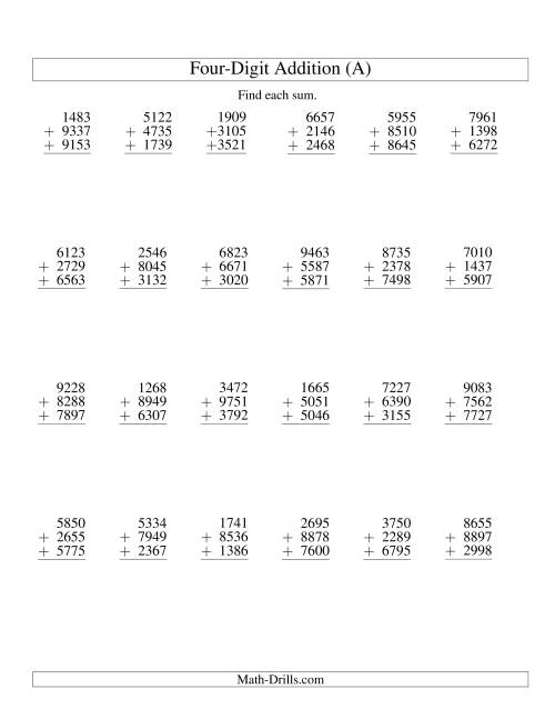 The Column Addition -- Three Four-Digit Numbers (All) Math Worksheet