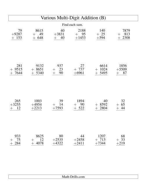 The Column Addition -- Three Various-Digit Numbers (B) Math Worksheet