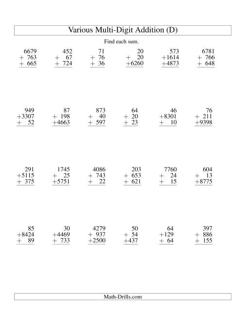 The Column Addition -- Three Various-Digit Numbers (D) Math Worksheet