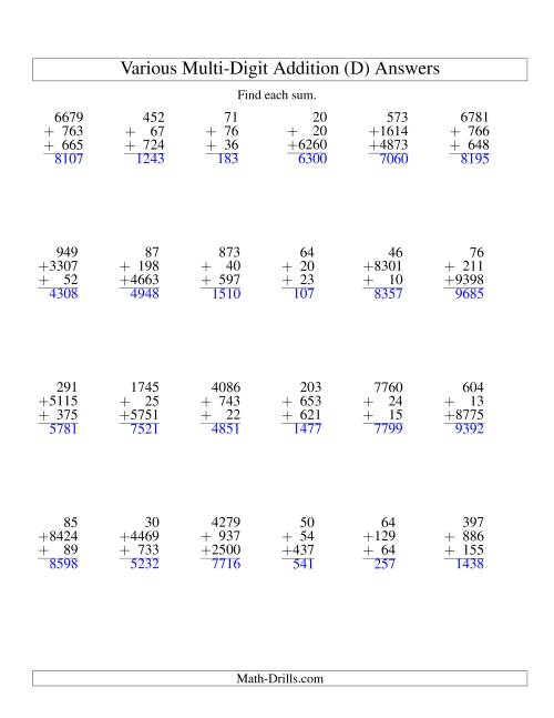 The Column Addition -- Three Various-Digit Numbers (D) Math Worksheet Page 2