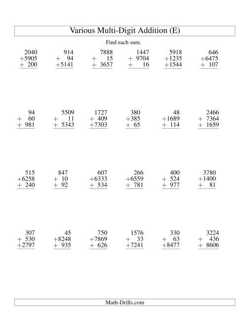 The Column Addition -- Three Various-Digit Numbers (E) Math Worksheet