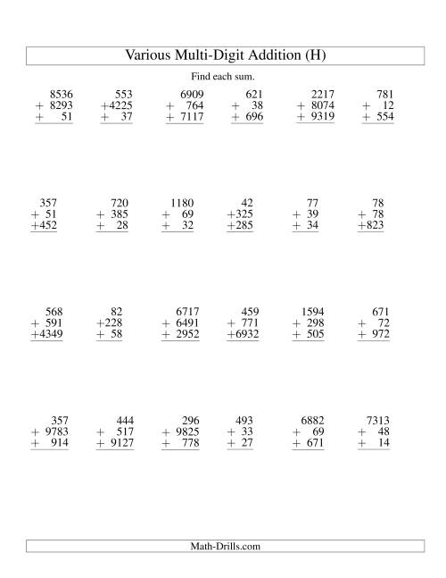 The Column Addition -- Three Various-Digit Numbers (H) Math Worksheet