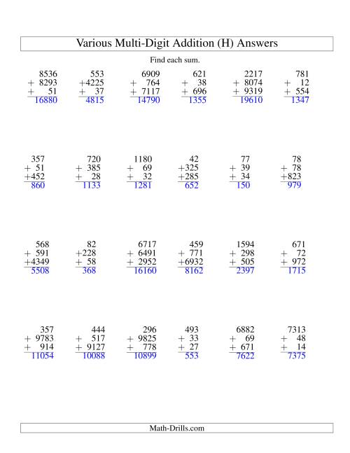 The Column Addition -- Three Various-Digit Numbers (H) Math Worksheet Page 2