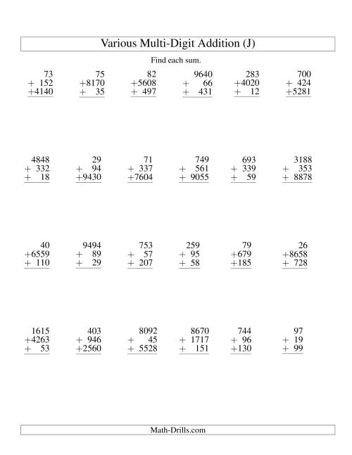 The Column Addition -- Three Various-Digit Numbers (J) Math Worksheet