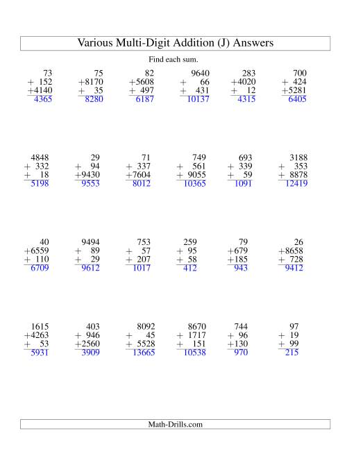 The Column Addition -- Three Various-Digit Numbers (J) Math Worksheet Page 2