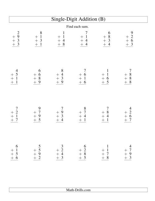 The Column Addition -- Four One-Digit Numbers (B) Math Worksheet