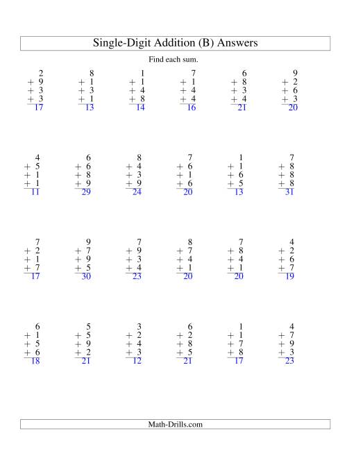 The Column Addition -- Four One-Digit Numbers (B) Math Worksheet Page 2