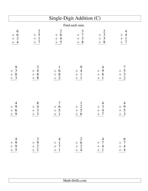 The Column Addition -- Four One-Digit Numbers (C) Math Worksheet
