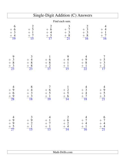 The Column Addition -- Four One-Digit Numbers (C) Math Worksheet Page 2