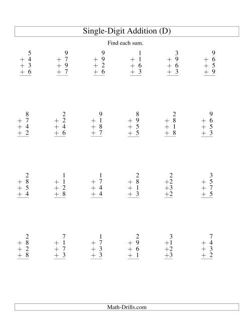 The Column Addition -- Four One-Digit Numbers (D) Math Worksheet