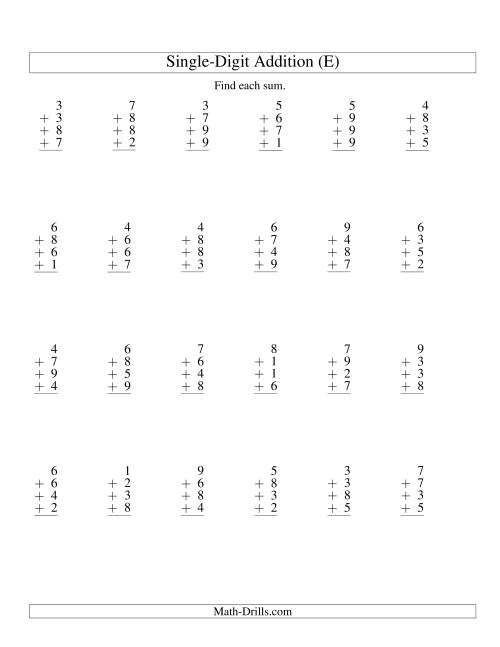 The Column Addition -- Four One-Digit Numbers (E) Math Worksheet