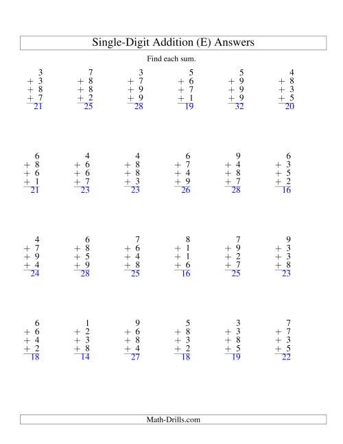 The Column Addition -- Four One-Digit Numbers (E) Math Worksheet Page 2