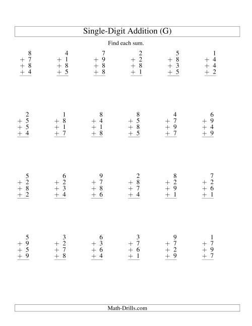 The Column Addition -- Four One-Digit Numbers (G) Math Worksheet