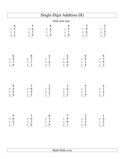 The Column Addition -- Four One-Digit Numbers (H) Math Worksheet