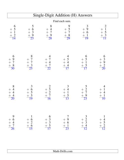 The Column Addition -- Four One-Digit Numbers (H) Math Worksheet Page 2