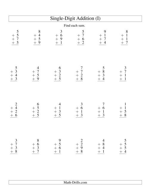 The Column Addition -- Four One-Digit Numbers (I) Math Worksheet