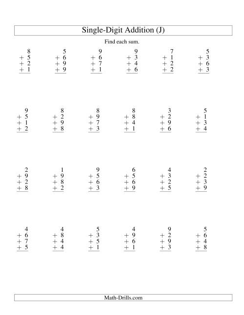 The Column Addition -- Four One-Digit Numbers (J) Math Worksheet