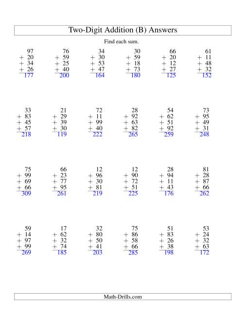 The Column Addition -- Four Two-Digit Numbers (B) Math Worksheet Page 2