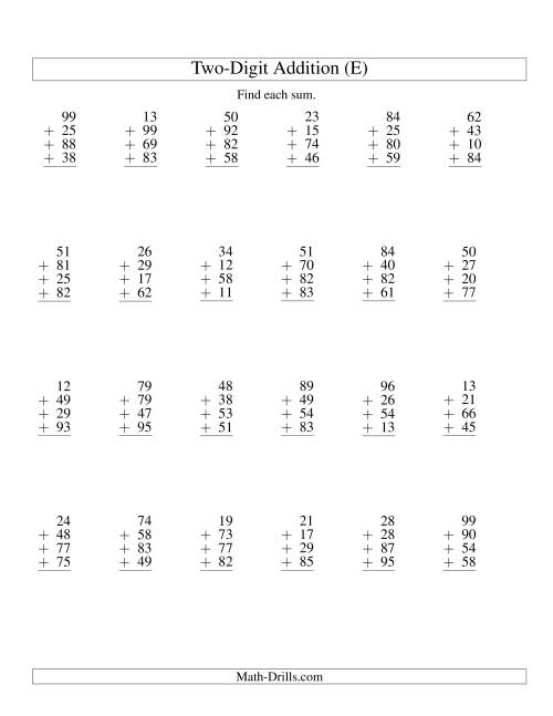 The Column Addition -- Four Two-Digit Numbers (E) Math Worksheet
