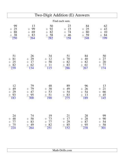 The Column Addition -- Four Two-Digit Numbers (E) Math Worksheet Page 2