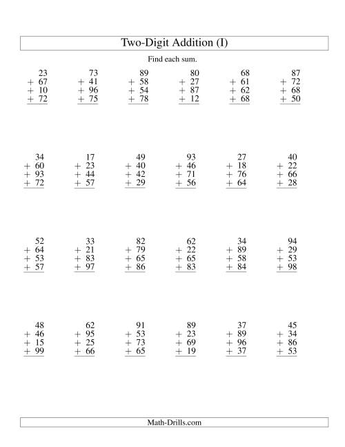 The Column Addition -- Four Two-Digit Numbers (I) Math Worksheet