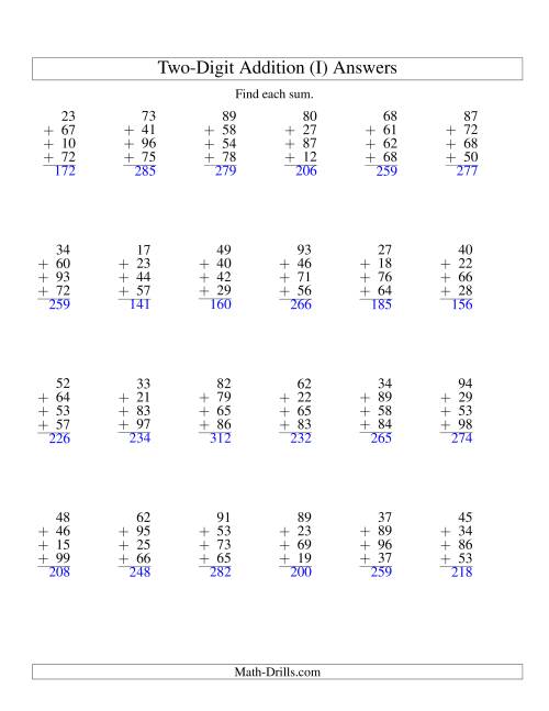 The Column Addition -- Four Two-Digit Numbers (I) Math Worksheet Page 2