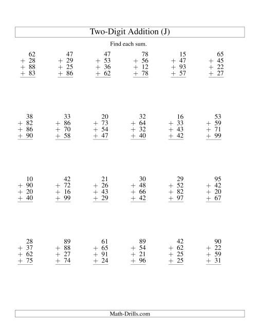 The Column Addition -- Four Two-Digit Numbers (J) Math Worksheet