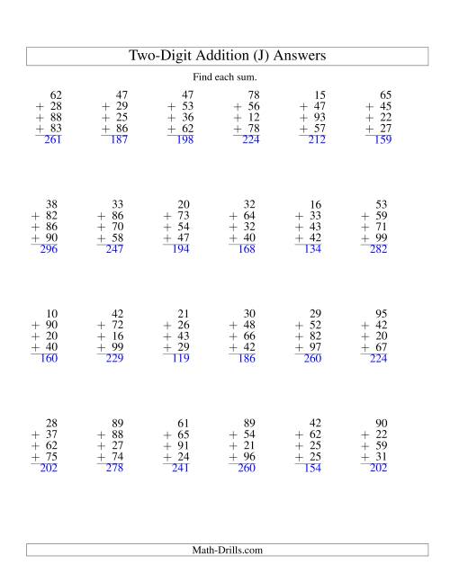 The Column Addition -- Four Two-Digit Numbers (J) Math Worksheet Page 2