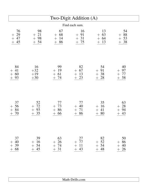 The Column Addition -- Four Two-Digit Numbers (All) Math Worksheet