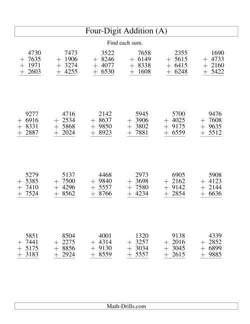 The Column Addition -- Four Four-Digit Numbers (A) Math Worksheet