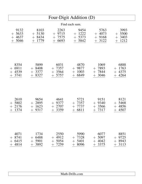 The Column Addition -- Four Four-Digit Numbers (D) Math Worksheet