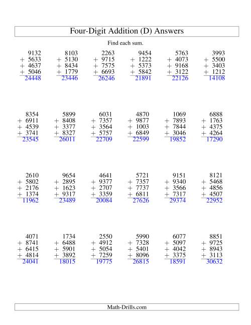 The Column Addition -- Four Four-Digit Numbers (D) Math Worksheet Page 2
